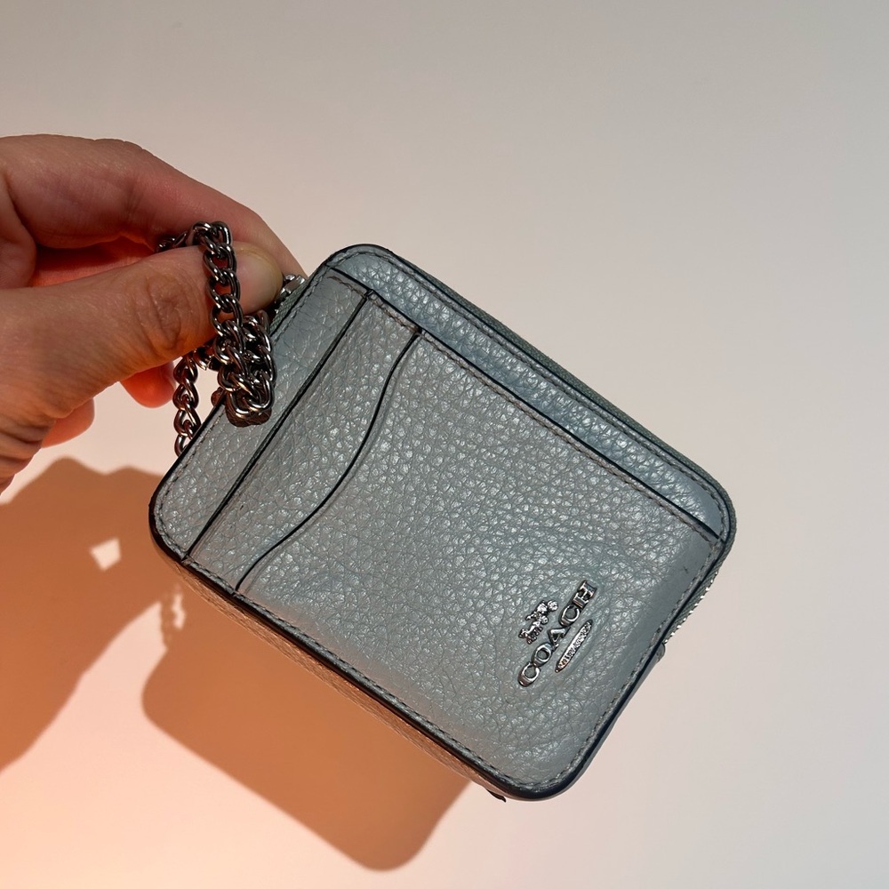 Coach Pebbled Leather Zip Card Case Wallet - Baby Blue with Silver Chain